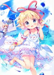 Rule 34 | 1girl, absurdres, amo (shibu3), artist name, bare shoulders, barefoot, blonde hair, bloomers, blue eyes, blue sky, blush, bow, brush, cloud, cloudy sky, dress, flower, frills, hand up, hands up, highres, leg up, looking at viewer, medicine melancholy, ocean, open mouth, paint, pink flower, red bow, running, short hair, sky, sleeveless, smile, solo, su-san, touhou, underwear, water, white bow, white dress