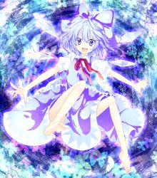 Rule 34 | :d, bad id, bad pixiv id, barefoot, blue dress, blue eyes, blue hair, bow, bug, butterfly, cirno, dress, embodiment of scarlet devil, feet, floating, glowing, gradient hair, hair bow, highres, insect, large bow, light purple hair, multicolored hair, neck ribbon, open mouth, ribbon, riichu, short hair, smile, solo, touhou, wings