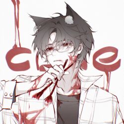 Rule 34 | 1boy, animal ear fluff, animal ears, black eyes, black hair, black tank top, blood, blood drip, blood on clothes, blood on face, blood on neck, buttons, character request, collarbone, collared shirt, commentary, copyright request, english commentary, english text, glasses, highres, holding, holding paintbrush, long sleeves, looking at viewer, male focus, open clothes, open shirt, paintbrush, parted bangs, parted lips, plaid, plaid shirt, red pupils, shirt, short hair, simple background, solo, tank top, upper body, white-framed eyewear, white background, white shirt, wolf ears, youzaiyouzai143