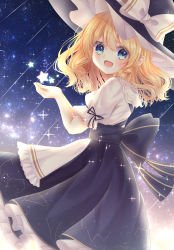 Rule 34 | 1girl, absurdres, adapted costume, alternate eye color, alternate hair length, alternate hairstyle, apron, arms up, black dress, black hat, blonde hair, blue eyes, braid, commentary, constellation print, cropped legs, dress, english commentary, floating clothes, from side, hat, hat ribbon, highres, kirisame marisa, looking at viewer, medium hair, mimi89819132, night, open mouth, outdoors, petticoat, pinafore dress, puffy short sleeves, puffy sleeves, ribbon, sash, shirt, short sleeves, single braid, sleeveless, sleeveless dress, solo, sparkle, standing, star (sky), star (symbol), touhou, waist apron, white shirt, witch hat