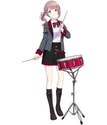 Rule 34 | 1girl, black bow, black bowtie, black skirt, black socks, blue eyes, boots, bow, bowtie, brown footwear, brown hair, cross-laced footwear, drum, drumsticks, full body, grey jacket, hair ribbon, high heel boots, high heels, highres, holding, holding drumsticks, instrument, jacket, looking at viewer, mochizuki honami, multicolored bowtie, non-web source, official art, project sekai, red bow, red bowtie, ribbon, shirt, side ponytail, skirt, smile, socks, solo, striped bow, striped bowtie, striped clothes, tachi-e, transparent background, white shirt