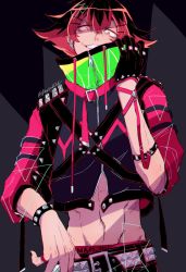 Rule 34 | 1boy, akasuzu3641, belt, black background, black gloves, bracelet, cropped jacket, ear piercing, flipped hair, gloves, gueira, high collar, highres, jewelry, looking at viewer, male focus, midriff, multicolored hair, piercing, promare, red eyes, red hair, simple background, solo, spiked bracelet, spikes, twitter username, two-tone hair, upper body