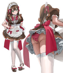 Rule 34 | 1girl, apron, ass, back bow, blush, bow, bowtie, breasts, brown dress, brown footwear, brown hair, closed mouth, controller, discreet vibrator, dress, embarrassed, female focus, frilled dress, frills, from behind, from below, full body, green eyes, hand on own hip, heel up, highres, holding, idolmaster, idolmaster cinderella girls, itou tatsuya, knees together feet apart, long hair, looking at viewer, maid apron, maid headdress, medium breasts, multiple views, nose blush, panties, pink neckwear, pink panties, plate, pussy juice, remote control, remote control vibrator, sex toy, shibuya rin, shoes, short sleeves, simple background, skindentation, standing, tears, thighhighs, underwear, upskirt, vibrator, vibrator cord, vibrator under clothes, white background, white thighhighs