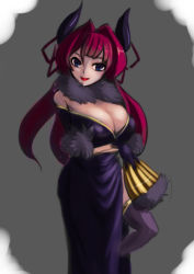 Rule 34 | 1girl, bare shoulders, black thighhighs, blue eyes, breasts, cleavage, demon girl, dress, extra, feather boa, grey background, hair intakes, hair ribbon, hand fan, holding, horns, huge breasts, kemurin, large breasts, lipstick, long hair, makeup, off shoulder, original, purple eyes, red hair, ribbon, side slit, simple background, skullgirls, solo, standing, thighhighs, tsunoko