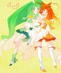 Rule 34 | 10s, 2girls, ;d, bike shorts, blush, bow-shaped hair, chobota, cure march, cure march (princess form), cure sunny, cure sunny (princess form), dress, green eyes, green hair, green shorts, green skirt, halo, head wings, heart, high heels, hino akane (smile precure!), long hair, magical girl, midorikawa nao, multiple girls, one eye closed, open mouth, orange dress, orange eyes, orange hair, orange shorts, orange skirt, ponytail, precure, princess form (smile precure!), shoes, shorts, shorts under skirt, skirt, smile, smile precure!, thighhighs, tiara, tri tails, very long hair, wings, wink
