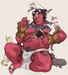 Rule 34 | 1boy, abs, animal, animal on head, animal on shoulder, bara, belly, black hair, bulge, cat, cat on head, cat on shoulder, colored sclera, colored skin, excessive pubic hair, fang, fat, fat man, full body, grey skin, hammer, highres, holding, holding hammer, horns, large pectorals, crossed legs, long sideburns, male focus, male pubic hair, mature male, monster boy, multicolored skin, muscular, muscular male, navel, navel hair, nipples, on head, oni, oni horns, original, pectorals, pointy ears, pubic hair, red oni, red skin, short hair, sideburns, sitting, smile, solo, stomach, testicle peek, thick eyebrows, thick thighs, thighs, topless male, two-tone skin, xiaolumiaoliya, yellow sclera