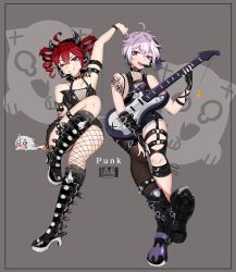 Rule 34 | 2girls, arm strap, arm up, black gloves, boots, commentary, drill hair, english commentary, fingerless gloves, fishnet legwear, fishnet top, fishnets, flower (vocaloid), flower (vocaloid4), full body, gloves, goth fashion, gothic, guitar, headphones, headset, high heels, highres, holding, holding instrument, ianxy2, instrument, kasane teto, multicolored hair, multiple girls, music, playing instrument, punk, punkish gothic, purple eyes, purple hair, red eyes, red hair, short hair, spiked legwear, strap, streaked hair, twin drills, utau, vocaloid, wrist straps