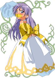 Rule 34 | 00s, 1girl, absurdres, arms behind back, bare shoulders, bdsm, blue eyes, blush, bondage, bound, bound arms, crying, daikinbakuju, dress, floral background, flower, from behind, gag, gown, highres, hiiragi kagami, improvised gag, long dress, long hair, looking at viewer, lucky star, purple hair, ribbon, ribbon bondage, rose, solo, tape, tape gag, tears