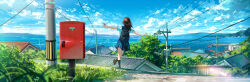 Rule 34 | 1girl, absurdres, blue sailor collar, blue skirt, brown hair, day, hayateluc, highres, kneehighs, lake, loafers, mailbox (incoming mail), medium hair, mountain, mountainous horizon, original, outdoors, outstretched arms, pleated skirt, power lines, sailor collar, school uniform, shirt, shoes, skirt, socks, solo, town, utility pole, walking, water, white shirt