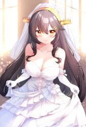 Rule 34 | 1girl, black hair, blush, breasts, cleavage, closed mouth, collarbone, dress, elbow gloves, fuuna, gloves, hair between eyes, hairband, haruna (kancolle), headgear, highres, kantai collection, large breasts, long hair, looking at viewer, smile, solo, upper body, wedding dress, white gloves, yellow eyes