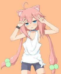 Rule 34 | 1girl, :d, ahoge, animal ear fluff, animal ears, armpits, bare shoulders, bike shorts, blue choker, blush, cat ears, choker, commentary request, cowboy shot, double v, female focus, hair between eyes, hair bobbles, hair ornament, hands up, head tilt, hinata channel, long hair, looking at viewer, low twintails, nekomiya hinata, open mouth, orange background, pink hair, shirt, simple background, smile, solo, twintails, upper body, v, very long hair, virtual youtuber, white shirt, wristband, yakihebi