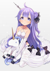 Rule 34 | 1girl, azur lane, bare shoulders, black bow, black ribbon, bow, breasts, closed mouth, collarbone, commentary request, criss-cross halter, detached sleeves, dress, hair bun, hair ribbon, halterneck, highres, long hair, long sleeves, one side up, purple eyes, purple hair, ribbon, side bun, single hair bun, single side bun, sitting, sleeves past wrists, small breasts, solo, stuffed animal, stuffed toy, stuffed winged unicorn, thighhighs, unicorn (azur lane), very long hair, wariza, white dress, white thighhighs, wide sleeves, yuko (uc yuk)