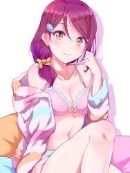 Rule 34 | 1girl, bare shoulders, blush, bow, bow bra, boyshort panties, bra, breasts, cleavage, collarbone, hair between eyes, hair bow, hair ornament, hair over shoulder, hairclip, kanabun, lace, lace-trimmed bra, lace trim, long hair, looking at viewer, love live!, love live! sunshine!!, navel, pillow, pink bra, red hair, sakurauchi riko, side ponytail, sidelocks, simple background, sitting, small breasts, smile, solo, sweater, underwear, white background, yellow eyes