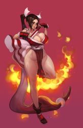 Rule 34 | 1girl, absurdres, bare shoulders, black footwear, breasts, brown eyes, brown hair, cleavage, collarbone, elsevilla, fatal fury, fingerless gloves, fire, folded fan, folding fan, gloves, hand fan, high ponytail, highres, large breasts, legs, lips, loincloth, long hair, matching hair/eyes, no panties, parted lips, pelvic curtain, red background, shiranui mai, simple background, sleeveless, smile, solo, standing, standing on one leg, the king of fighters, thighs