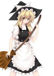 Rule 34 | 1girl, apron, black hat, black skirt, black vest, blonde hair, blush, bow, broom, buttons, closed mouth, eyebrows, female focus, frilled apron, frills, hair bow, hat, hat bow, holding, holding broom, kirisame marisa, korican, long hair, looking at viewer, red bow, shirt, short sleeves, simple background, skirt, solo, touhou, vest, waist apron, white apron, white background, white bow, white shirt, witch hat, yellow eyes
