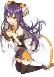 Rule 34 | 1girl, bare shoulders, black thighhighs, bow, breasts, cleavage, collar, dia horizon, full body, gloves, hair bow, kneeling, long hair, looking at viewer, medium breasts, open mouth, purple hair, rikoma, smile, solo, sophia (dia horizon), thighhighs, thighs, yellow eyes