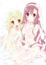 Rule 34 | 2girls, :d, aile soft, aqua ribbon, arm support, ass, barefoot, blush, body blush, bow, breasts, censored, cleavage, clenched hands, closed mouth, convenient censoring, eyebrows, feathers, friends (aile), from side, glowing, green hair, groin, hair between eyes, hair intakes, hair ornament, hairband, hairclip, happy, heart, heart hair ornament, holding, holding wand, index finger raised, jewelry, kamiya maneki, leaning to the side, legs together, light particles, light smile, long hair, looking at viewer, medium breasts, multiple girls, nachi yuuka, naked ribbon, no bra, no panties, nude, official art, open mouth, parted bangs, pink ribbon, purple hair, red eyes, ribbon, short hair with long locks, sidelocks, sitting, small breasts, smile, source request, suzutsuki erika, v arms, very long hair, wand, wariza, wings, yellow eyes