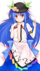 Rule 34 | 1girl, blush, collarbone, female focus, flat chest, food, fruit, hat, highres, hinanawi tenshi, kiyu (queue), leaf, long hair, lying, navel, on back, open clothes, open shirt, peach, red eyes, shirt, solo, tears, touhou, wavy mouth