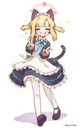 Rule 34 | 1girl, animal ear headphones, animal ears, apron, black dress, black footwear, blonde hair, blue archive, blue ribbon, blush, cat tail, closed eyes, collared shirt, double v, dress, fake animal ears, fang, frilled apron, frilled dress, frills, grin, halo, headphones, highres, long hair, long sleeves, maid apron, maid headdress, mary janes, momoi (blue archive), mountain han, no hair bow, pantyhose, ribbon, shadow, shirt, shoes, signature, simple background, smile, solo, sparkle, tail, v, white background, white pantyhose