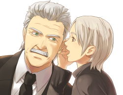 Rule 34 | 1boy, 1girl, face, facial hair, grey hair, hinoe (dd works), metal gear (series), metal gear solid, metal gear solid 4: guns of the patriots, mustache, old snake, short hair, solid snake, sunny emmerich, whispering