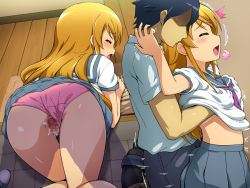 Rule 34 | 1girl, all fours, ass, blonde hair, blush, grabbing another&#039;s breast, brother and sister, censored, clothed sex, clothes lift, clothing aside, doggystyle, closed eyes, fang, from behind, grabbing, hair ornament, hairclip, hairu, highres, incest, kousaka kirino, legs, long hair, open mouth, ore no imouto ga konna ni kawaii wake ga nai, panties, panties aside, pussy, school uniform, sequential, sex, sex from behind, siblings, skirt, skirt lift, standing, thighs, top-down bottom-up, trembling, underwear, vaginal