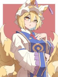 Rule 34 | 1girl, blonde hair, commentary, dress, fox tail, hair between eyes, hashtag-only commentary, hat, highres, long sleeves, looking at viewer, multiple tails, open mouth, red background, ryouryou, short hair, simple background, slit pupils, solo, tabard, tail, touhou, upper body, white dress, white hat, yakumo ran, yellow eyes