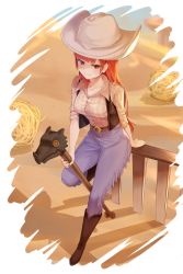 Rule 34 | 1girl, absurdres, breasts, cherche (fire emblem), cowboy hat, denim, fire emblem, fire emblem awakening, hat, highres, jeans, long hair, medium breasts, nintendo, pants, red eyes, red hair, solo, vest, yaya chan