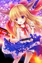 Rule 34 | 1girl, belt, bow, center frills, cherry blossoms, commentary request, enjoy mix, fang, floral print, flower, frills, hair bow, highres, holding, holding flower, horns, ibuki suika, long hair, looking at viewer, night, night sky, oni, oni horns, open mouth, orange hair, outdoors, petals, purple eyes, red bow, shirt, skirt, sky, sleeveless, sleeveless shirt, solo, torii, touhou, tree, white shirt