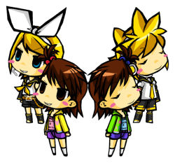 Rule 34 | 1boy, 3girls, chibi, crossover, closed eyes, futami ami, futami mami, grin, idolmaster, idolmaster (classic), kagamine len, kagamine rin, multiple girls, shimoda asami, siblings, sisters, smile, standing, twins, vocaloid, voice actor connection, wara inu, white background