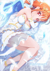 Rule 34 | 1girl, ahoge, angel wings, blue feathers, blue wings, breasts, dress, feathers, hair ribbon, kitahara tomoe (kitahara koubou), looking at viewer, love live!, love live! sunshine!!, lying, medium breasts, on side, orange hair, red eyes, ribbon, short hair, smile, solo, strapless, strapless dress, takami chika, twitter username, white dress, white ribbon, wings