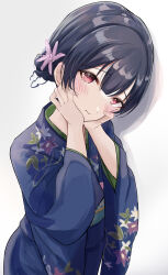 Rule 34 | 1girl, absurdres, black hair, blue kimono, blush, closed mouth, dot nose, flat chest, floral print, flower, from side, hair between eyes, hair bun, hair flower, hair ornament, hands on own face, hands up, highres, idolmaster, idolmaster shiny colors, japanese clothes, kimono, long sleeves, looking at viewer, metamoru tink, morino rinze, obi, obiage, obijime, pink flower, print kimono, red eyes, sash, short hair, shy, simple background, solo, upper body, white background, wide sleeves