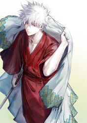 Rule 34 | 1boy, absurdres, arm up, bokken, closed mouth, collarbone, gintama, gradient background, green background, hair between eyes, highres, holding, holding sword, holding weapon, japanese clothes, kimono, long sleeves, looking at viewer, male focus, red eyes, red kimono, sakata gintoki, solo, sword, uraki (tetsu420), weapon, white background, white hair, wide sleeves, wooden sword