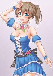 Rule 34 | 1girl, anti (untea9), arm garter, blue dress, blue eyes, blush, breasts, brown hair, cleavage, detached sleeves, dress, gradient background, grey background, highres, idol, intrepid (kancolle), kantai collection, looking at viewer, medium breasts, open mouth, ponytail, puffy detached sleeves, puffy sleeves, short hair, smile, solo