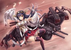 Rule 34 | 10s, 1girl, antennae, black hair, boots, breasts, brown eyes, cannon, detached sleeves, female focus, gradient background, haruna (kancolle), headgear, kantai collection, large breasts, long hair, long sleeves, mecha musume, mechanical arms, miniskirt, nontraditional miko, shirt, single mechanical arm, skirt, smile, solo, sumapan, thigh boots, thighhighs, thighs, wide sleeves, zettai ryouiki