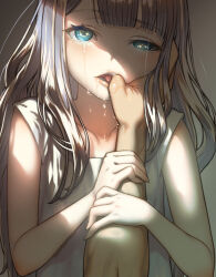 Rule 34 | 1boy, 1girl, blue eyes, crying, crying with eyes open, dress, drooling, finger in another&#039;s mouth, flat chest, grey hair, highres, holding another&#039;s arm, kaieda hiroshi, light, long hair, looking at viewer, open mouth, original, pov, pov hands, saliva, tears, tongue, white dress
