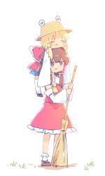Rule 34 | 2girls, ascot, ayakashi (monkeypanch), blonde hair, blue skirt, blush stickers, bobby socks, bow, broom, brown footwear, brown hair, brown headwear, closed eyes, commentary request, detached sleeves, full body, girl on top, hair bow, hair ribbon, hair tubes, hakurei reimu, hat, highres, holding, holding broom, long hair, long sleeves, moriya suwako, multiple girls, on head, open mouth, person on head, red bow, red ribbon, red shirt, red skirt, ribbon, shirt, shoes, skirt, sleeves past fingers, sleeves past wrists, smile, socks, touhou, tress ribbon, white background, white socks, wide sleeves, yellow ascot