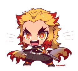 Rule 34 | 1boy, blonde hair, cape, chibi, chibi only, emphasis lines, full body, highres, kimetsu no yaiba, kotorai, long sleeves, male focus, multicolored hair, no nose, open mouth, rengoku kyoujurou, signature, solo, sword, teeth, thick eyebrows, upper teeth only, weapon, white background, white cape