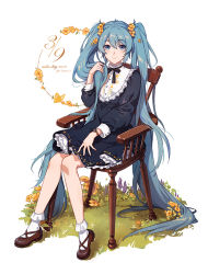 Rule 34 | 1girl, 39, absurdly long hair, alternate costume, black dress, black ribbon, blue eyes, blue hair, blush, bobby socks, brown footwear, chair, character name, closed mouth, commentary request, dated, dress, fen renlei, flower, frilled dress, frills, full body, hair flower, hair ornament, hatsune miku, long hair, long sleeves, looking at viewer, making-of available, neck ribbon, on chair, puffy long sleeves, puffy sleeves, ribbon, shoes, simple background, sitting, smile, socks, solo, very long hair, vocaloid, watch, white background, white socks, wristwatch, yellow flower