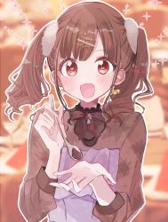 Rule 34 | 1girl, artist request, brown hair, commentary request, earrings, hair ornament, hair scrunchie, hairclip, heart, heart-shaped pupils, highres, holding, holding spoon, idolmaster, idolmaster shiny colors, jewelry, long hair, long sleeves, looking at viewer, open mouth, red eyes, school uniform, scrunchie, solo, sonoda chiyoko, sparkle, spoon, symbol-shaped pupils, twintails, upper body
