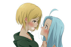 Rule 34 | 10s, 2girls, :o, after kiss, ahoge, bad id, bad pixiv id, bare shoulders, blonde hair, blue eyes, blue hair, blush, breath, chikku (k2753), choker, collarbone, couple, djeeta (granblue fantasy), eye contact, face-to-face, female focus, from side, granblue fantasy, green hoodie, height difference, hood, hood down, hoodie, light blue hair, long hair, looking at another, lyria (granblue fantasy), multiple girls, neck, open mouth, portrait, saliva, saliva trail, short hair, simple background, surprised, swept bangs, thief (granblue fantasy), tongue, tongue out, upper body, white background, yellow eyes, yuri