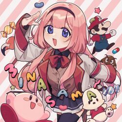 Rule 34 | 1girl, armband, bird, black hairband, black skirt, bow, bowtie, brown vest, candy, commentary request, cowboy shot, flamingo, food, goomba, hairband, highres, jacket, jelly bean, kirby, kirby (series), long hair, long sleeves, low twintails, mario, mario (series), nijisanji, nintendo, nori katsuo, open mouth, outline, pill, pink background, pink hair, pleated skirt, pochacco, purple eyes, red bow, red bowtie, romaji text, salute, sanrio, school uniform, simple background, skirt, sleeves past fingers, sleeves past wrists, smile, striped, striped background, suo sango, suo sango (1st costume), thighhighs, twintails, vest, virtual youtuber, white jacket