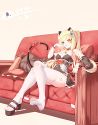 Rule 34 | 1girl, absurdres, animal ear fluff, animal ears, blonde hair, blue eyes, bow, cat ears, cat girl, cat tail, choker, couch, dress, feet, heterochromia, highres, looking at viewer, original, pink bow, pointy ears, red bow, red choker, red dress, sandals, seelehan, soles, tail, thighhighs, thighs, toes, wet, wet clothes, white thighhighs, yellow eyes
