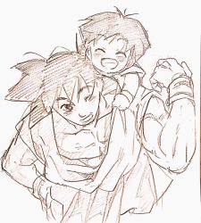 Rule 34 | 1boy, 1girl, closed eyes, dragon ball, dragonball z, fukuko fuku, grandfather and granddaughter, hetero, hug, hug from behind, looking at another, monochrome, one eye closed, open mouth, pan (dragon ball), short hair, simple background, son goku, wristband