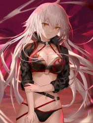 Rule 34 | 1girl, ahoge, bad id, bad twitter id, bikini, black bikini, black jacket, breasts, choker, cleavage, closed mouth, commentary request, fate/grand order, fate (series), floating hair, hair between eyes, jacket, jeanne d&#039;arc alter (swimsuit berserker) (fate), jeanne d&#039;arc (fate), jeanne d&#039;arc alter (fate), jeanne d&#039;arc alter (swimsuit berserker) (fate), jname, large breasts, long hair, looking at viewer, o-ring, red background, shrug (clothing), solo, swimsuit, yellow eyes