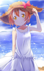 Rule 34 | 10s, 1girl, bare arms, blue sky, bow, brown hair, collarbone, commentary request, day, dress, earrings, hat, hat bow, highres, hoshizora rin, jewelry, lake, light brown hair, looking at viewer, love live!, love live! school idol project, makuran, sky, sleeveless, sleeveless dress, smile, solo, straw hat, sundress, water, white dress, yellow eyes