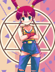 Rule 34 | blue eyes, blush, earrings, haruyama kazunori, hexagram, jewelry, magic circle, magical hat, no panties, purple hair, solo, spin (magical hat), suspenders, torn clothes, twintails