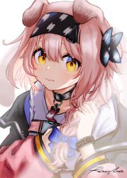 Rule 34 | 1girl, 3:, absurdres, animal ears, arknights, black choker, black hairband, blue bow, blush, bow, bracelet, braid, cat ears, choker, closed mouth, goldenglow (arknights), hair bow, hairband, highres, infection monitor (arknights), jacket, jewelry, lightning bolt print, long hair, long sleeves, looking at viewer, off shoulder, open clothes, open jacket, pink hair, pink jacket, rau ma (the rauma001), shirt, single braid, solo, upper body, white shirt, yellow eyes