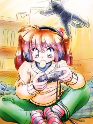 Rule 34 | 1girl, brown hair, butterfly sitting, cat, chips (food), food, game console, headphones, mouth hold, original, pants, playing games, playstation 2, potato chips, sitting, socks, solo, striped clothes, striped socks, sweater, video game, zan