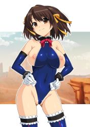 Rule 34 | 1girl, absurdres, alternate breast size, bare shoulders, blue leotard, blue one-piece swimsuit, blue theme, blush, bow, breasts, brown eyes, brown hair, cameltoe, closed mouth, collar, cosplay, covered navel, cowboy shot, day, dead or alive, dead or alive 5, elbow gloves, frilled collar, frilled thighhighs, frills, gloves, gluteal fold, hairband, halterneck, hands on own hips, haruhisky, highleg, highleg leotard, highres, impossible clothes, impossible leotard, large breasts, leotard, looking at viewer, marie rose, marie rose (cosplay), medium hair, nipples, one-piece swimsuit, outdoors, outside border, partially visible vulva, shiny clothes, simple background, sleeveless, smile, solo, standing, suzumiya haruhi, suzumiya haruhi no yuuutsu, swimsuit, thighhighs, undersized clothes