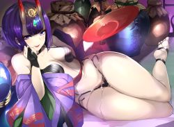 Rule 34 | 1girl, agetama, alcohol, bare shoulders, barefoot sandals (jewelry), bob cut, breasts, bridal gauntlets, collarbone, commentary request, cup, eyeliner, fang, fate/grand order, fate (series), headpiece, highres, horns, indoors, japanese clothes, kimono, legs, long sleeves, looking at viewer, makeup, navel, oni, pouring, pouring onto self, purple eyes, purple hair, purple kimono, revealing clothes, sakazuki, sake, short hair, shuten douji (fate), skin-covered horns, small breasts, smile, tongue, tongue out, vase, wide hips, wide sleeves